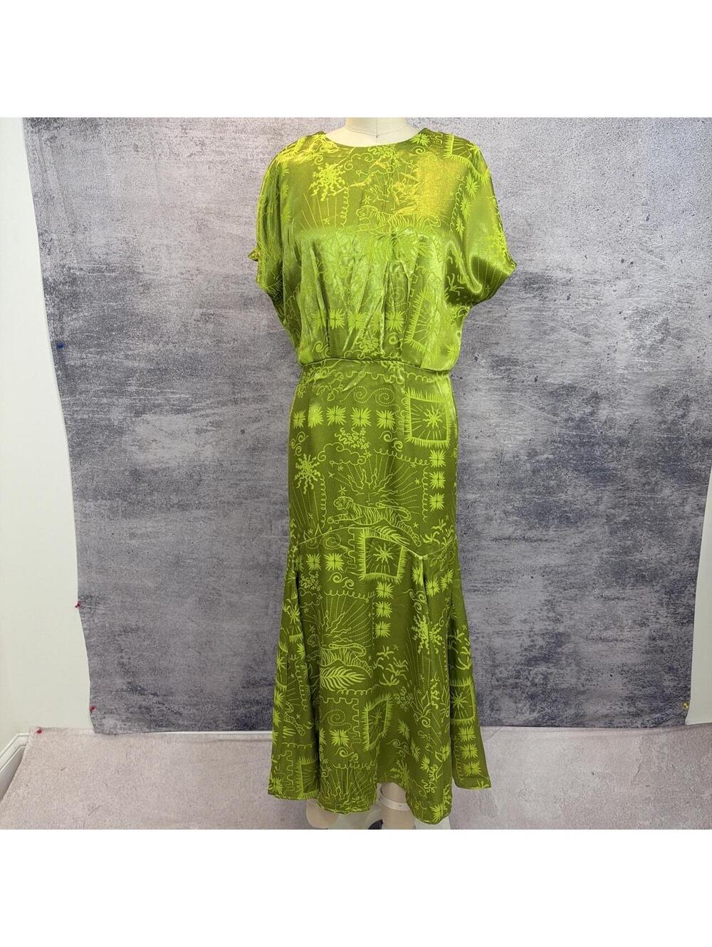 Chartreuse Green bias cut midi dress embellished with floral motifs
